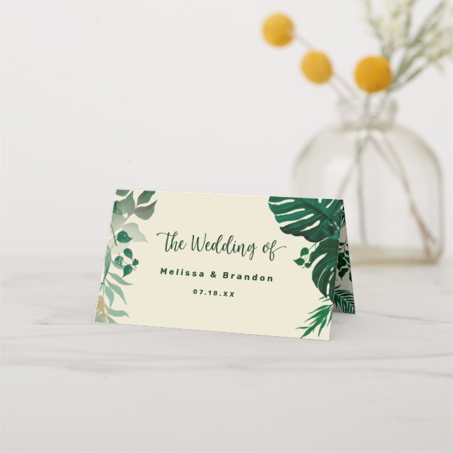 Tropical Foliage Green Blätter Hochzeit Tischnumme Platzkarte (Rückseite)