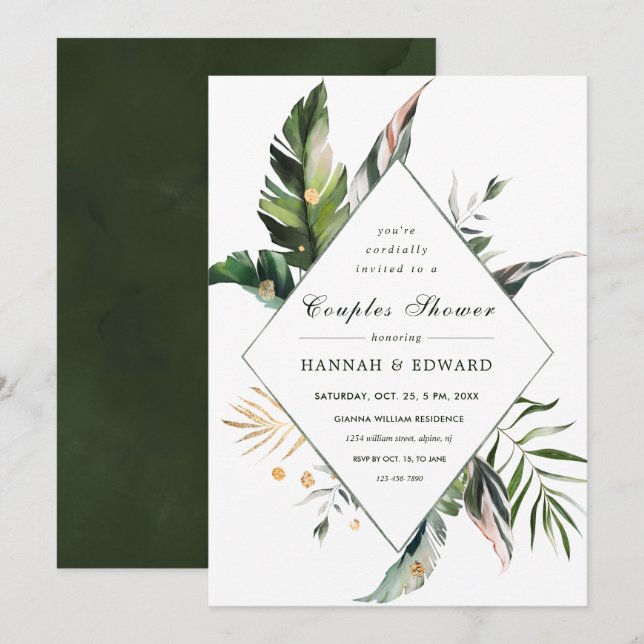 Tropical Foliage Green Couples Dusche Einladung (Vorne/Hinten)