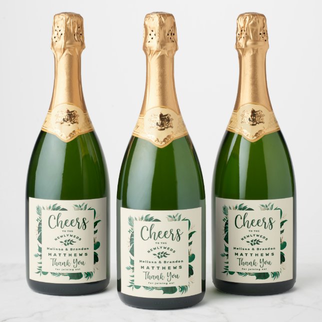 Tropical Foliage Green & Gold Leaf Wedding Cheers (Flaschen)