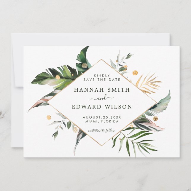 Tropical Foliage Green Gold Wedding Foto Save The Date (Vorderseite)