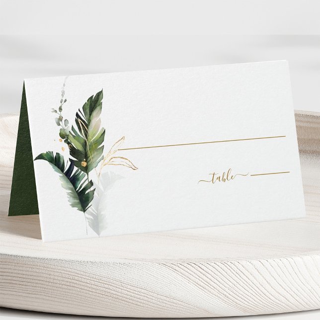 Tropical Foliage Green Gold Wedding Platzkarte (Von Creator hochgeladen)