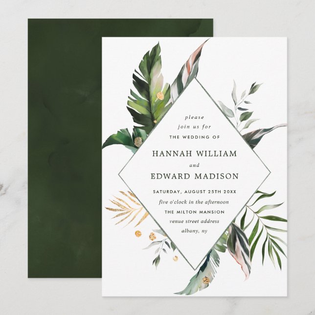 Tropical Foliage Green Wedding Einladung (Vorne/Hinten)