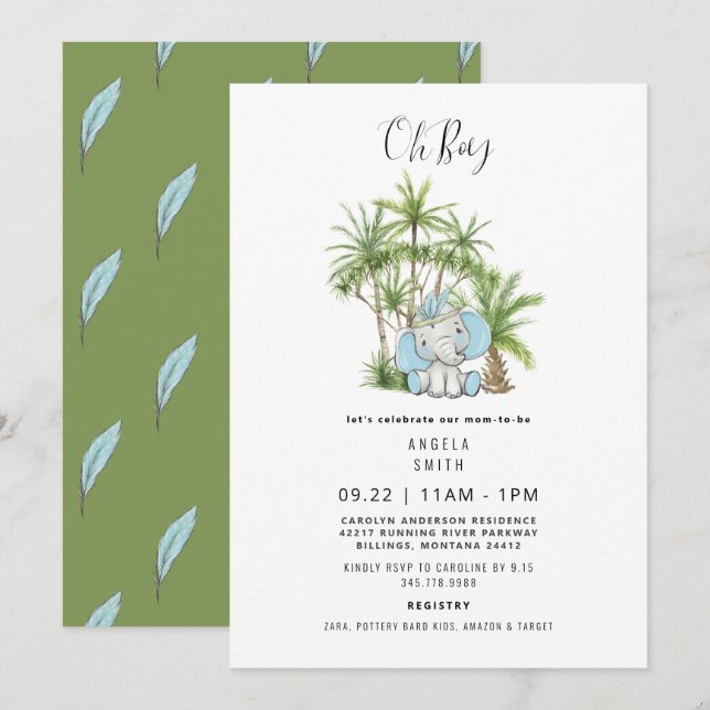 Tropical Foliage Niedlich Elephant Boho Oh Boy Einladung (Vorne/Hinten)