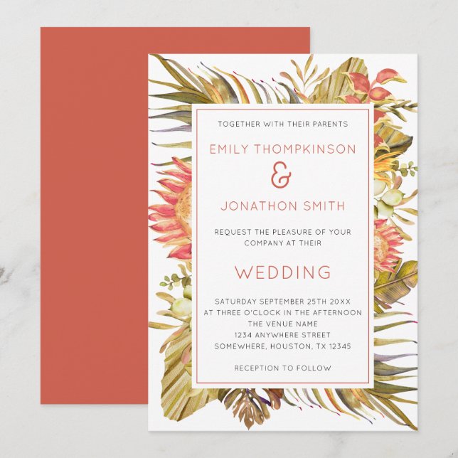 Tropical Foliage Pampas Coral Florals Hochzeit Einladung (Vorne/Hinten)