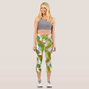 Tropical Foliage Summer White Capri Leggings