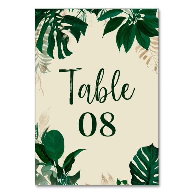 Tropical Foliage Trendy Greenerity & Blätter Weddi Tischnummer (Vorderseite)