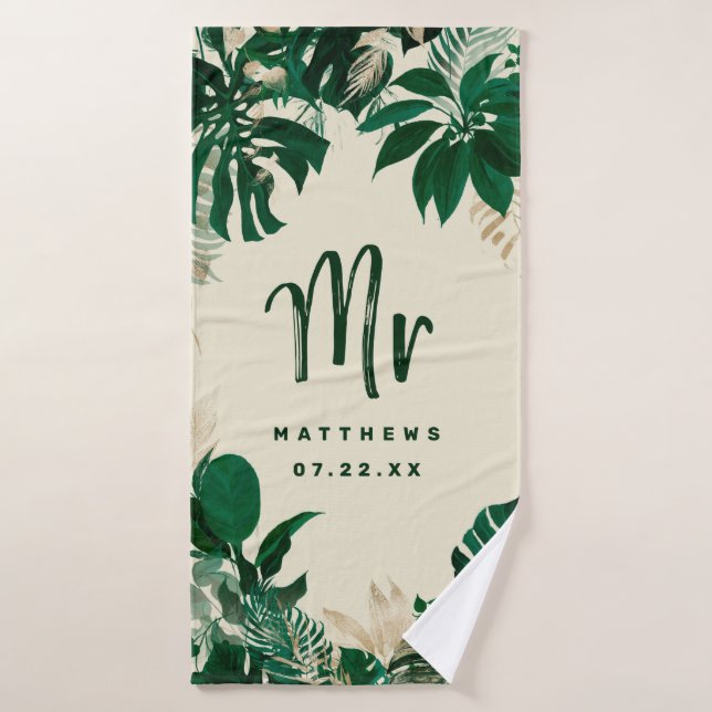 Tropical Foliage Trendy Greenery Wedding Mr. Badehandtuch (Badehandtuch)