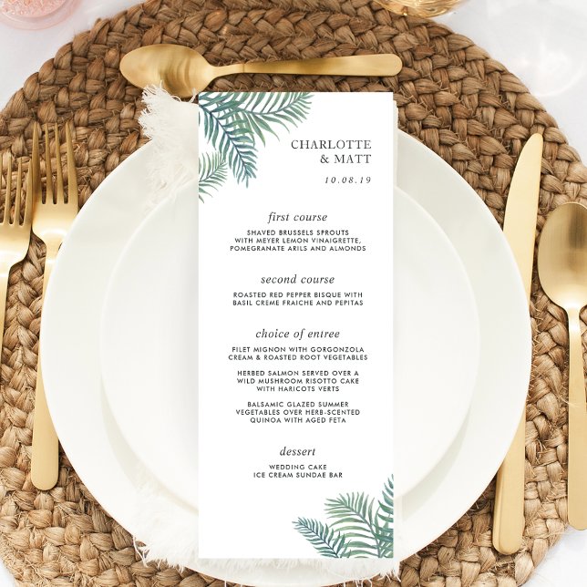 Tropical Foliage Wedding Menu Card Menükarte (Von Creator hochgeladen)