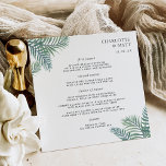 Tropical Foliage Wedding Menu Square Card Menükarte<br><div class="desc">Das schicke Inselmenü in einer einzigartigen quadratischen Form bietet Vorspeisen, Vorspeisen und Desserts in elegantem Schriftzeichen. Ihre Namen und Ihr Hochzeitsdatum werden von den tropischen Blätter der Aquarellpalme in lebendigem Grün gerahmt. Koordiniert mit unserer Hochzeitskollektion Tropical Foliage für Sommer, Strand und Hochzeiten in Urlaubsort. Verwenden Sie die Vorlagenfelder, um Menüinformationen...</div>