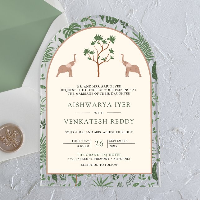 Tropical Forest Elephant Arch Indian Wedding Acryleinladungen (Von Creator hochgeladen)