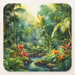 Tropical Forest Rechteckiger Pappuntersetzer<br><div class="desc">A Watercolour landscape of a tropical forest with colourful flowers</div>
