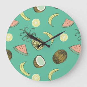 Tropical Fruit Doodle Pattern Große Wanduhr
