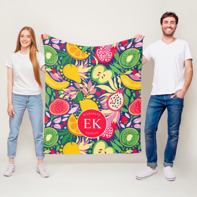 Tropical Fruit Monogram Watercolor Sommermuster Fleecedecke (Beispiel)