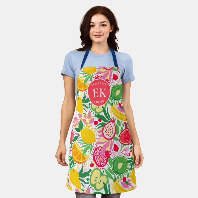 Tropical Fruit Monogram Watercolor Sommermuster Schürze (Getragen)