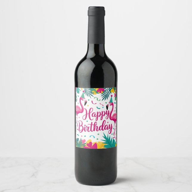 Tropical Fun Flamingo Birthday Design Weinetikett (Vorderseite)