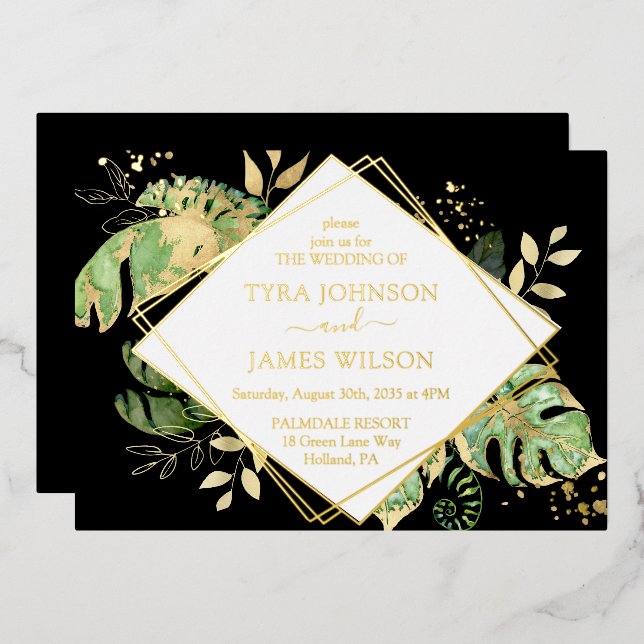 Tropical Geometric Black & Gold Foil Wedding Folieneinladung (Vorderseite/Rückseite)