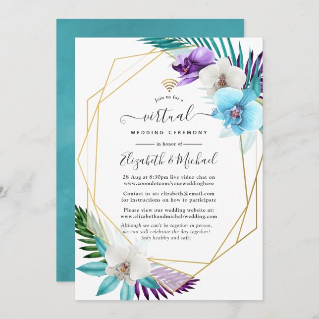 Tropical Geometric Online Virtual Wedding Einladung (Vorne/Hinten)