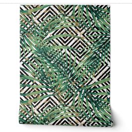 Tropical geometry - green leaves gold and shapes tapete