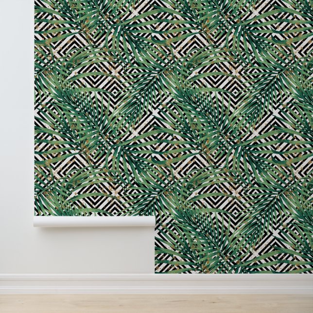 Tropical geometry - green leaves gold and shapes tapete (Anwendung)