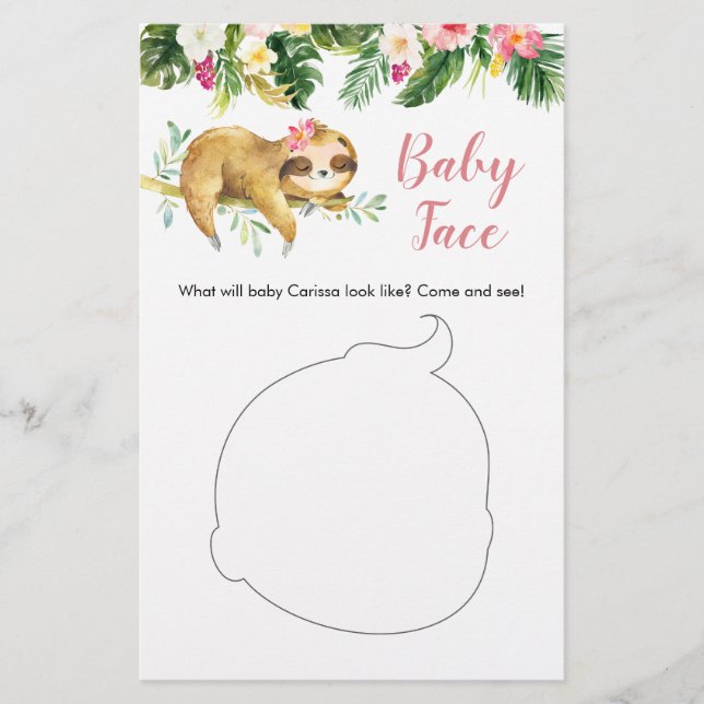Tropical Girl Sloth Baby Dusche Baby Face Card (Vorderseite)