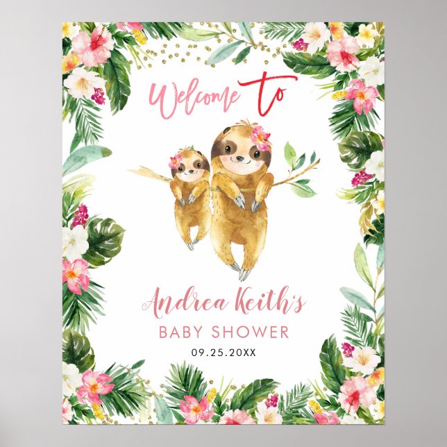 Tropical Girl Sloth Baby Dusche Begrüßungszeichen Poster (Vorne)