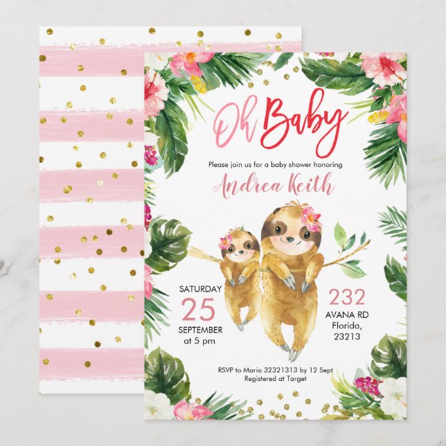 Tropical Girl Sloth Baby Dusche Einladung (Vorne/Hinten)