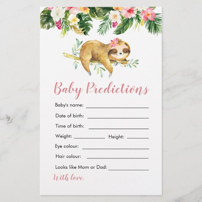 Tropical Girl Sloth Baby Shower Baby Vorhersagen (Vorderseite)