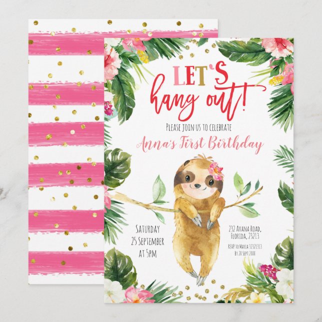 Tropical Girl Sloth Birthday Einladung (Vorne/Hinten)