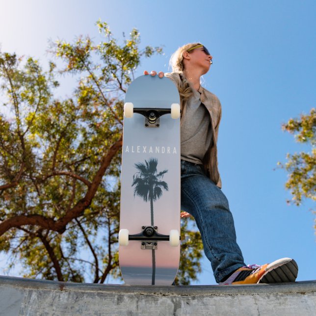 Tropical Girly Name Pink Blue Palm Tree Sunset Skateboard (Außenbereich 1)