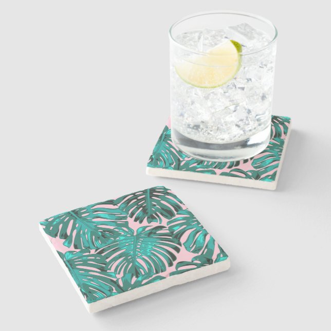 Tropical Girly Turquoise Pink Palm Blätter Steinuntersetzer (Seitenansicht)