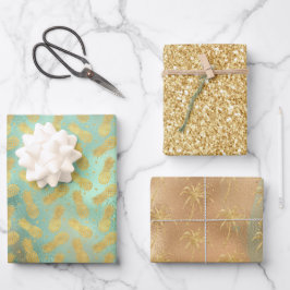 Tropical Glam Gold Aqua Glitz Ananas Geschenkpapier Set