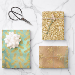 Tropical Glam Gold Aqua Glitz Ananas  Geschenkpapier Set