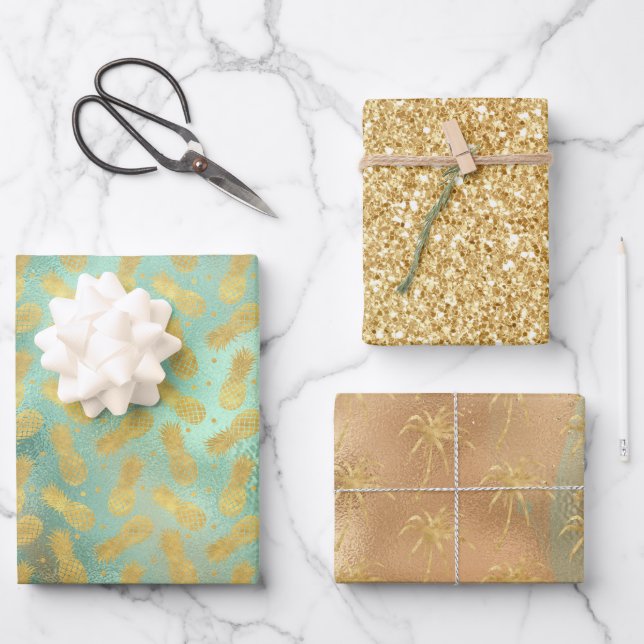 Tropical Glam Gold Aqua Glitz Ananas  Geschenkpapier Set (Vorderseite)