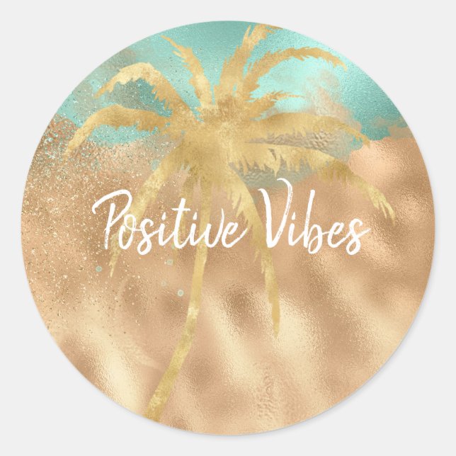 Tropical Glam Gold Aqua Glitz Palme Tree Runder Aufkleber (Vorderseite)