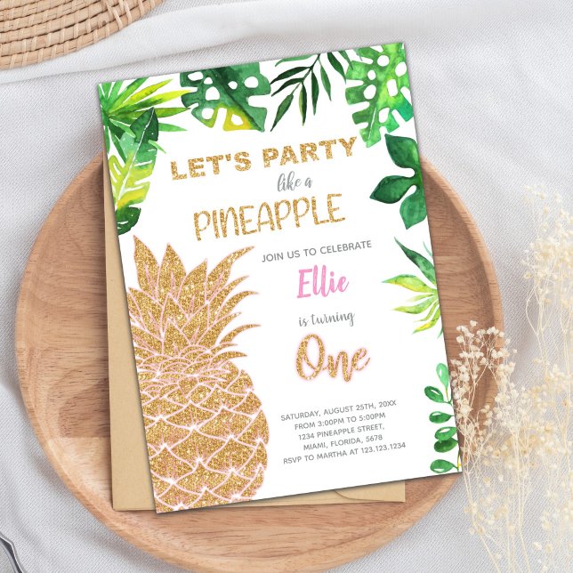 Tropical Glam Summer Party Card Einladung (Golden Glitter Pineapple Invitations)