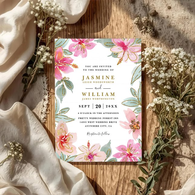 Tropical Glitter Flowers Elegant QR Code Wedding Einladung (Von Creator hochgeladen)