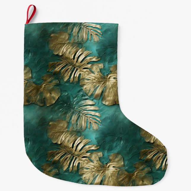Tropical Gold Emerald Green Blätter Großer Weihnachtsstrumpf (Vorderseite)