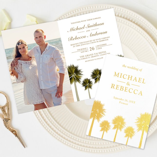 Tropical Gold Foil Palm Trees Hochzeit Einladung (Von Creator hochgeladen)
