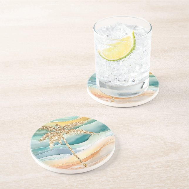 Tropical Gold Glitzer Palm Tree Beach Getränkeuntersetzer (Seite)