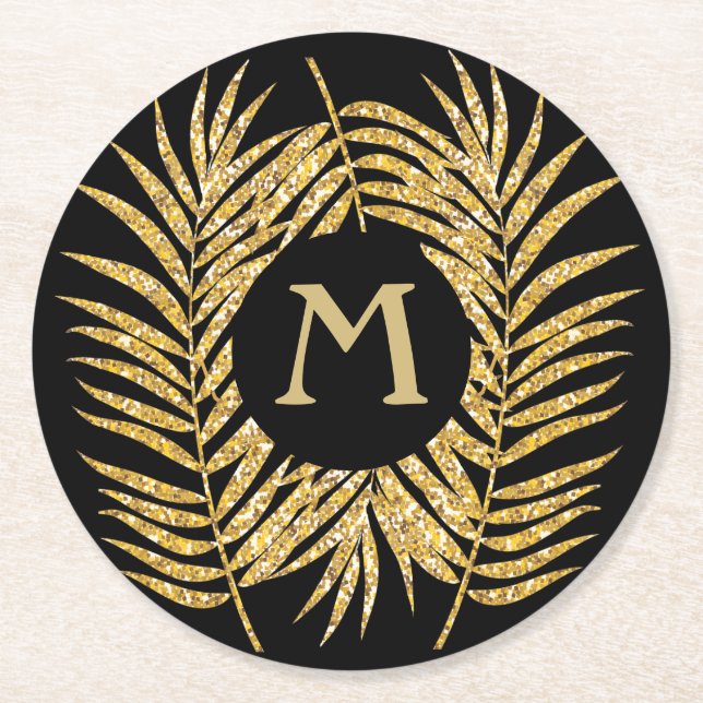 Tropical Gold Glitzer Palm Tree Fronds Wohngestalt Runder Pappuntersetzer (Vorderseite)