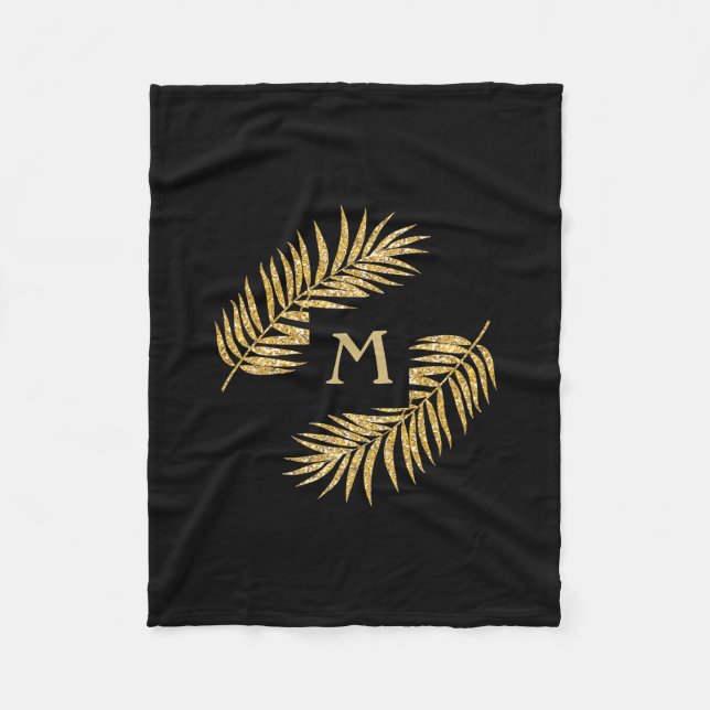 Tropical Gold Glitzer Palm Tree Fronten auf Schwar Fleecedecke (Vorderseite)