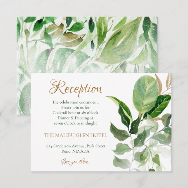 Tropical Gold & Green Monstera Blätter Empfang Begleitkarte (Vorne/Hinten)