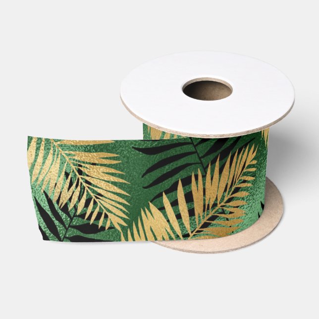 Tropical Gold Green Palm Blätter Satinband (Spule)