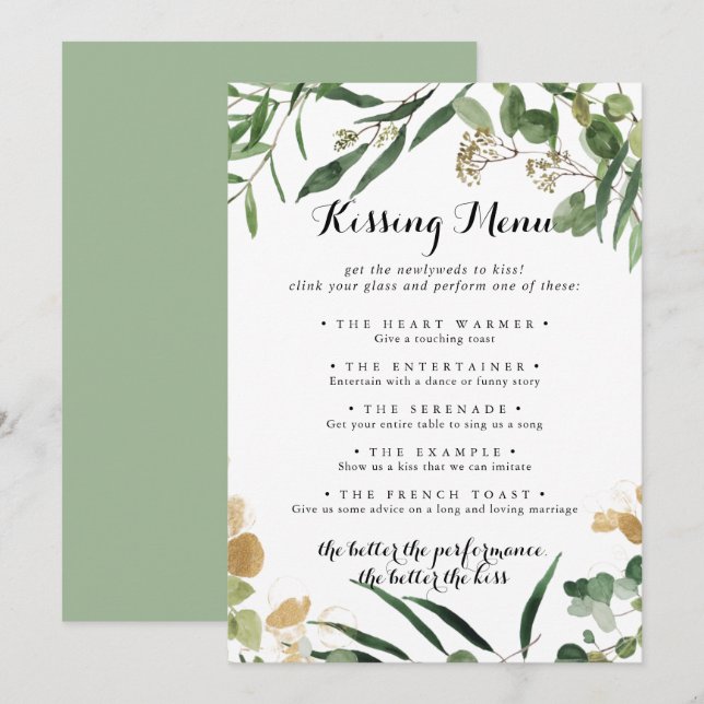 Tropical Gold Green Wedding Kissing Menu Game Card (Vorne/Hinten)