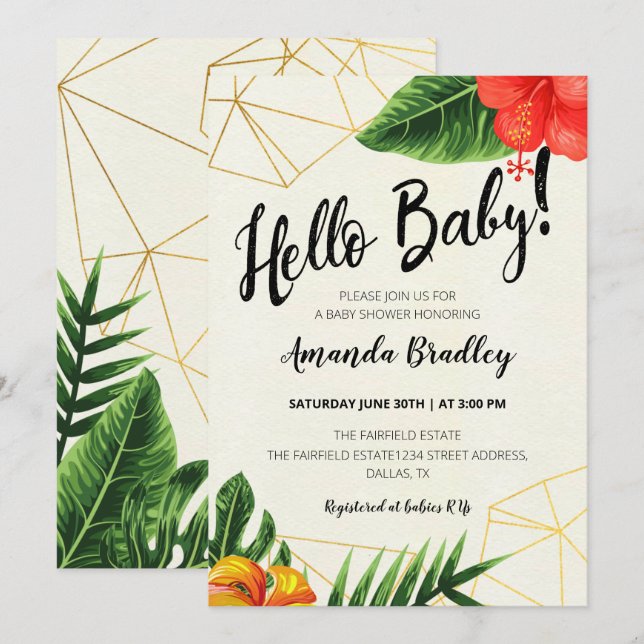 Tropical Gold Hello Baby Dusche Einladung (Vorne/Hinten)