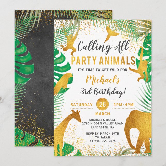 Tropical Gold Jungle Animals Kindergeburtstag Einladung (Vorne/Hinten)
