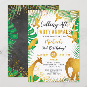 Tropical Gold Jungle Animals Kindergeburtstag Einladung