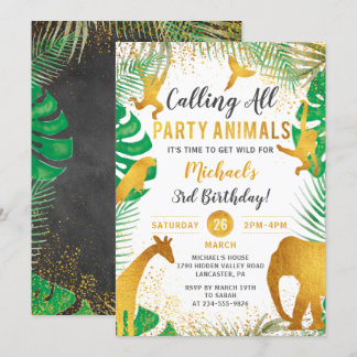 Tropical Gold Jungle Animals Kindergeburtstag Einladung