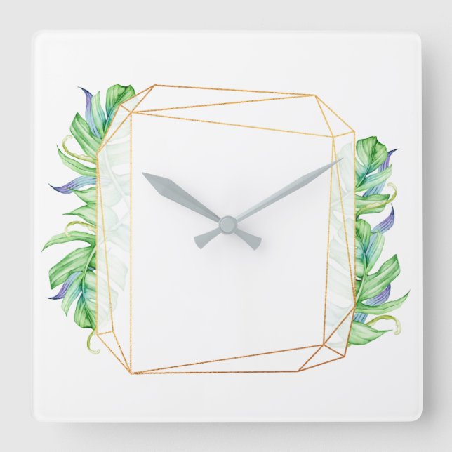 Tropical Gold Leaf Poligonal Minze White Blue Quadratische Wanduhr (Vorderseite)