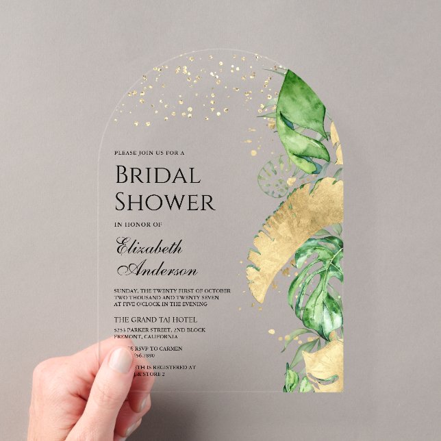 Tropical Gold Monstera Palm Bridal Shower Acryleinladungen (Insitu (Handheld))
